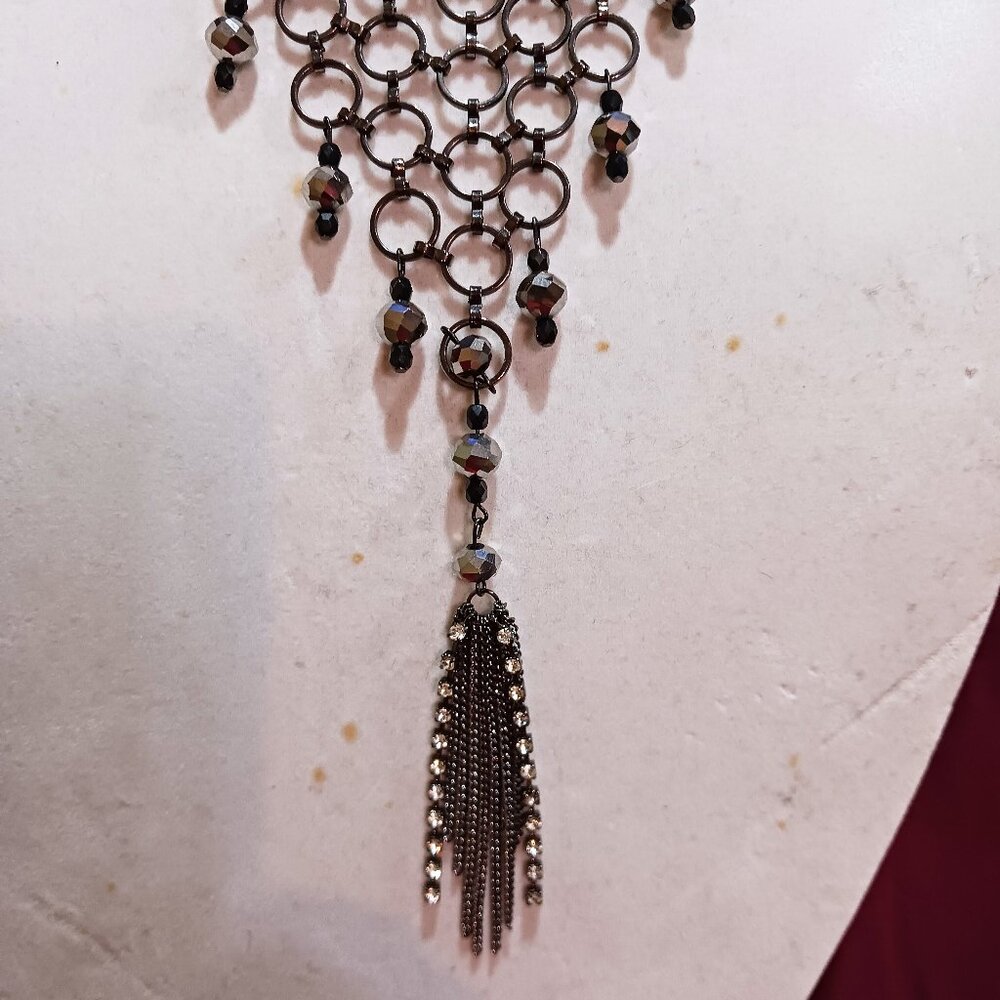 Handmade Gunmetal Rings Black Hematite Bead Bib Statement Necklace Tassel Fringe - Picture 4 of 12